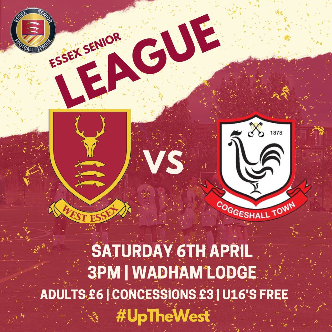 🏆 @EssexSenior ⚽️ @CoggeshallTown (H) 🗓 Saturday 6th April 🎫 Adults £6 | Concessions £3 | U16’s FREE 🕑 3:00pm KO 📍 @Matchdaycentres Wadham Lodge Stadium Kitchener Road London E17 4LL g.co/kgs/YxPjsf