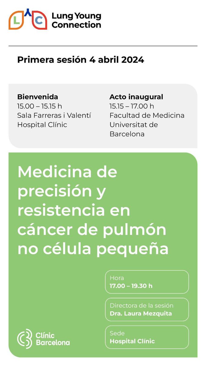 📍Residentes & fellows oncología, y estudiantes #Medicina os esperamos esta tarde @hospitalclinic 

Empezamos 2a Ed. #LungYoungConnection 👩🏻‍⚕️🫁 
5 Hospitales #Barcelona 

1a sesión: #MedicinaPrecision #CancerPulmon 🧬🔬🩺

#ClinicCancerCenter 

👇 info:
lungyoungconnection.com