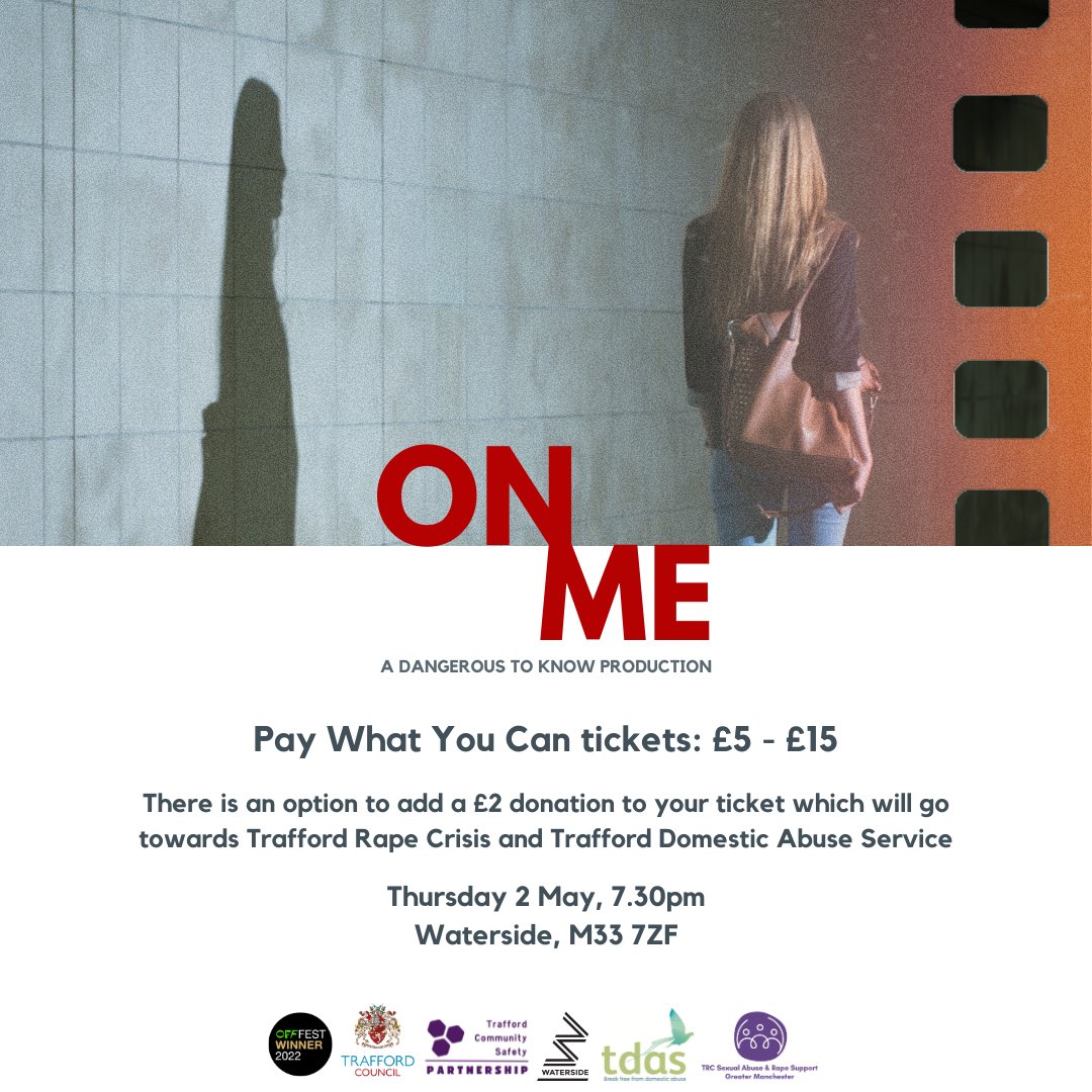 How much are tickets for On Me? We have 3 prices available: £5, £10 & £15 - pick whichever suits you There's also an option to add a £2 donation which will go towards @tweet_tdas & @TraffordRC 2 May at @WatersideArts 📅 Supported by @TraffordCouncil watersidearts.org/whats-on/3381-…