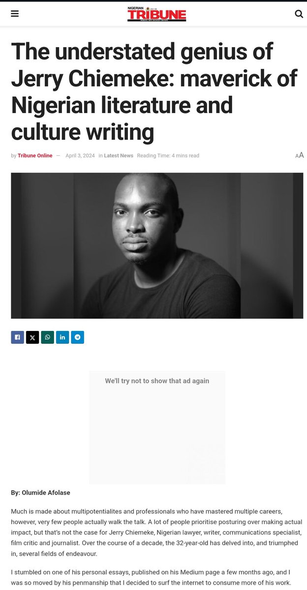 J_Chiemeke's tweet image. A generous profile of me by Olumide Afolase at @nigeriantribune.
It's the first Nigerian publication to take a full-length shot at this, so the flowers are well-received. I appreciate it.
In other news, I NEED a new headshot. This photo is 4 years old.
tribuneonlineng.com/the-understate…