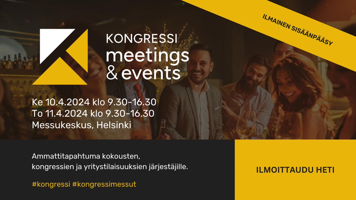 Olemme mukana KONGRESSI meetings &amp; events -tapahtumassa Helsingin Messukeskuksessa 10.-11.4.2024. Tule tapaamaan meitä osastolle 86b ja  kuulemaan millaisia tekniikkaratkaisuja voisimme tarjota juuri sinun  tapahtumiisi! 
 
#kongressimessut #kongressi #eventprofs