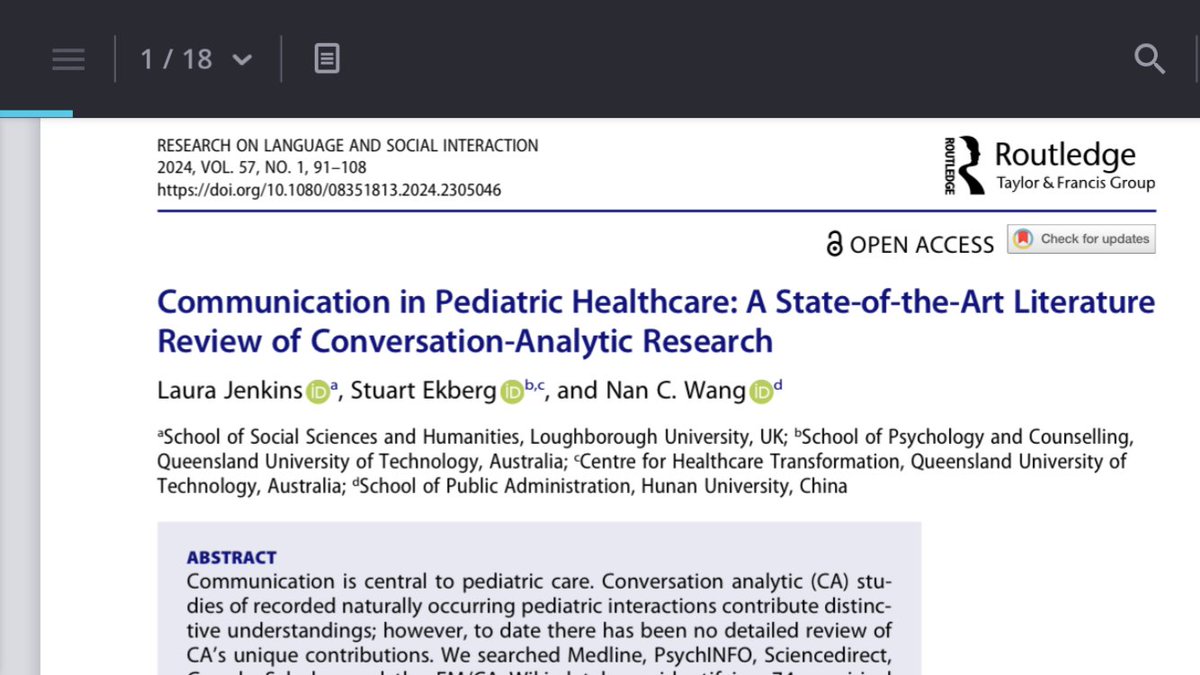 ⭐️new open access ⭐️ Our state-of-the-art review of conversation analytic studies of communication in PAEDIATRIC settings @StuartEkberg @NanWang66967516 doi.org/10.1080/083518… Fantastic special issue @DrRebeccaBarnes & Ruth Parry @CACEnotes @rolsi_journal