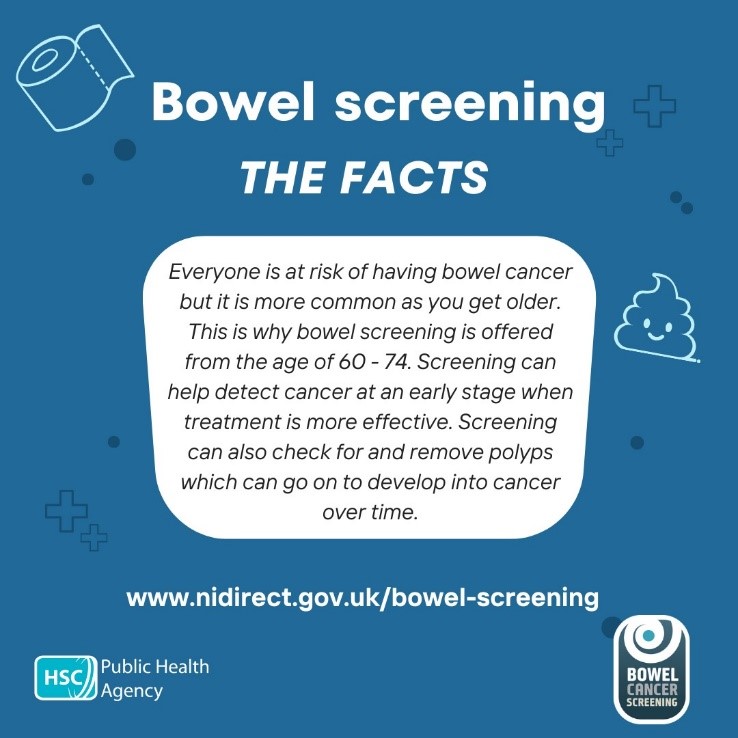 Everyone is at risk of getting bowel cancer but it is more common as you get older. Screening can help detect cancer at an early stage when treatment is more effective. For more info on bowel cancer and screening, visit nidirect.gov.uk/bowel-screening #BowelCancerAwarenessMonth