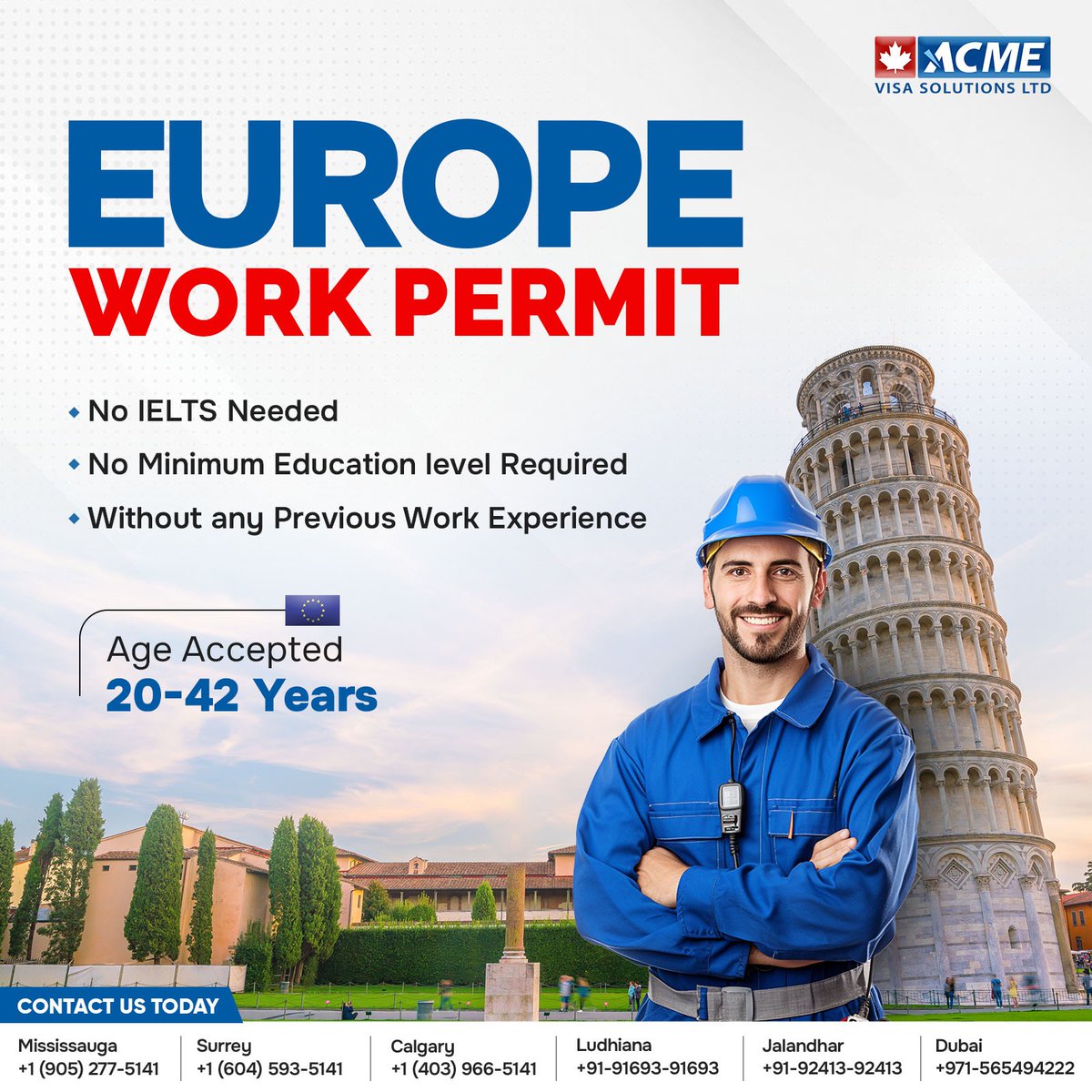 Fulfill your dream of working in Europe hassle-free!🇪🇺

With Acme Visa Solutions, you can secure a work permit without the need for IELTS, a minimum education level, or previous work experience 👷🏼

#ACMEVisaSolutions #EuropeWorkPermit #SettleInEurope #EuropeWorkVisa #Europe