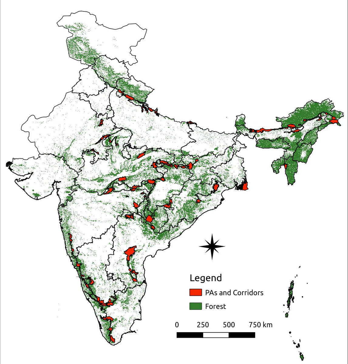 Map of wildlife corridors in India. Image source NTCA. Corridors enable populations to sustain themselves better by way of allowing for larger scope for the breeding, feeding and migration of sub-populations across landscapes. ✒️Divya Kilikar Read more: india.mongabay.com/2024/04/explai…