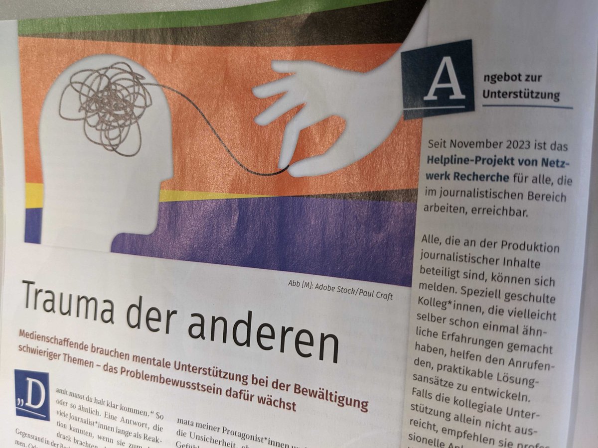 Danke an @Mx3_Online für den Themenschwerpunkt zu #MentalHealth im Journalismus (und die Vorstellung der #Helpline). Psychische Belastungen dürfen kein Tabu mehr sein! ➡️ mmm.verdi.de/m-print/das-tr… Wenn ihr jemanden zum Reden braucht, meldet euch! ☎️030-7543 7633 (heute 16-18 Uhr)