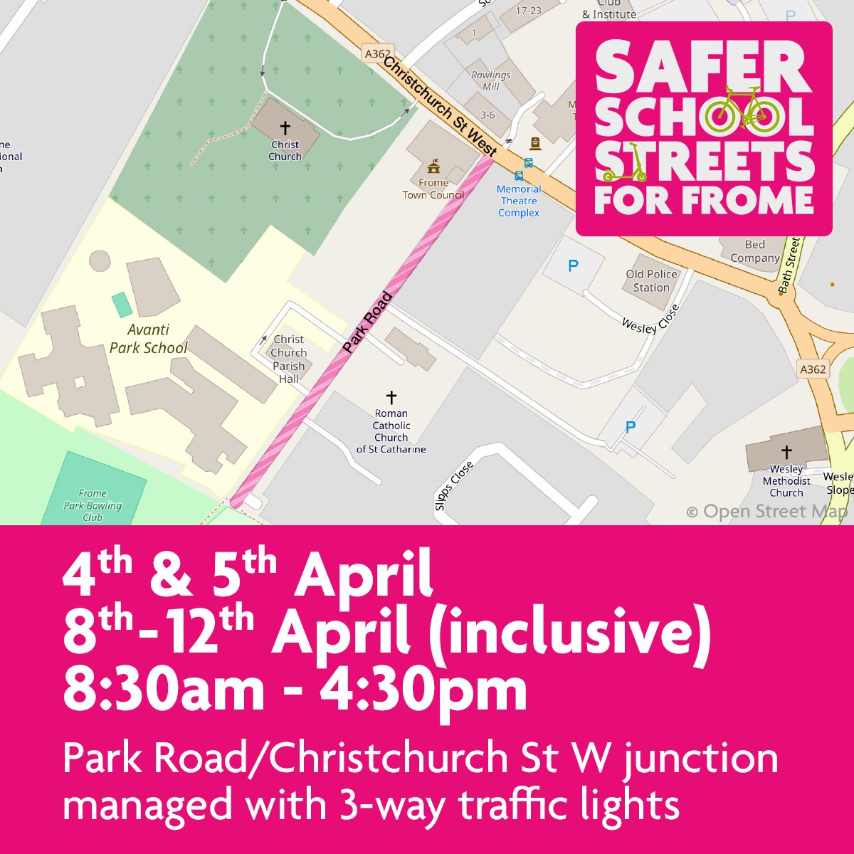🚧 The work for Frome's Safer School Streets continues, with 3-way lights at the Park Road/Christchurch St West junction on Thurs 4th April, Fri 5th April and Mon 8th April - Fri 12th April, from 8:30am - 4:30pm. Further details of closures here ➡ bit.ly/safer-school-s…