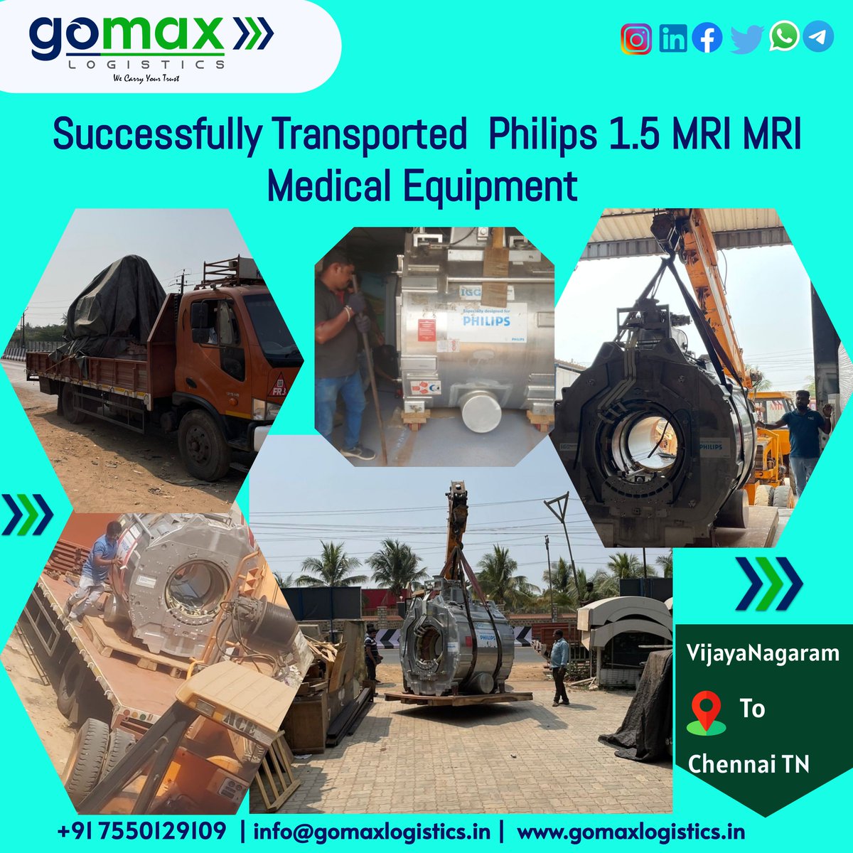 GomaxLogistics's tweet photo. Successfully delivered MRI medical equipment From VijayaNagaram AP to Chennai TN, Marking another milestone. Our team's dedication ensures top-quality healthcare services.  #mri #mrics #mriscan #medicaldevices #medicaldevice #medicalequipment #medicaladvancements https://t.co/55GGEnfdp7