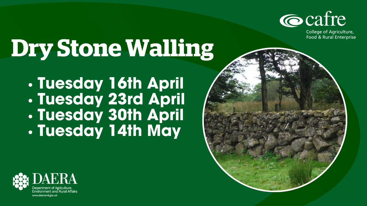 CAFRE will be hosting free Dry Stone Walling training events during April & May 2024 at CAFRE’s Glenwherry Hill Farm Centre. The training event will be an intro to single skinned dry stone walling for field boundary repairs & maintenance. Book your place: cafre.ac.uk/business-cours…