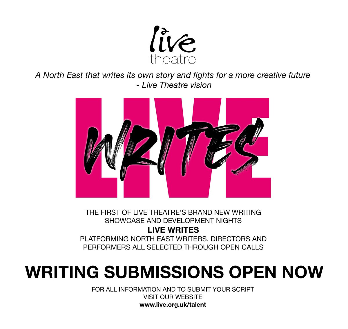 📣 The submission window for our exciting new writing showcase #LiveWrites is open now. Find out more and apply at bit.ly/4ag5sGW