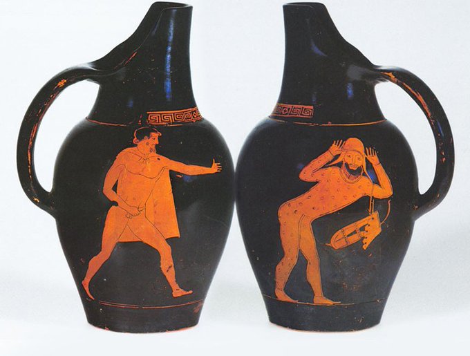 The Eurymedon Vase celebrates the Greek victory over the Persians at the Battle of the Eurymedon river. Yes, that is a Greek warrior chasing a Persian with his phallus. #PhallusThursday

Attic,  ca. 460 BC. Museum für Kunst und Gewerbe Hamburg (1981.173) Hamburg, Germany