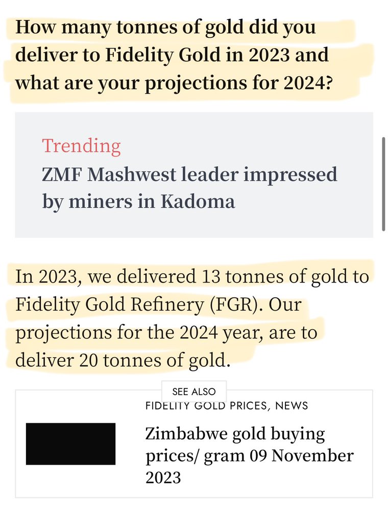 🟣One gold dealer says he delivered 13 tonnes of gold to Fidelity Gold Refinery in 2023 yet Governor Mushayavanhu only has 1,1 tonnes in gold reserves? This leaves us with more questions than answers and is a terrible start for both the new Governor and his new structured