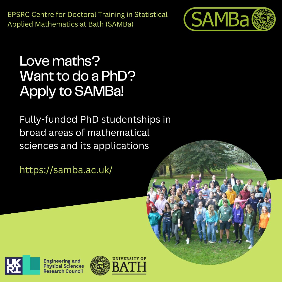If you would like to do a maths PhD (or know someone who might), take a look at SAMBa: samba.ac.uk Join a diverse cohort to choose and shape your research direction in an inclusive, supportive environment. Apply now to start in Sept 2024. @MathsatBath @UniofBath