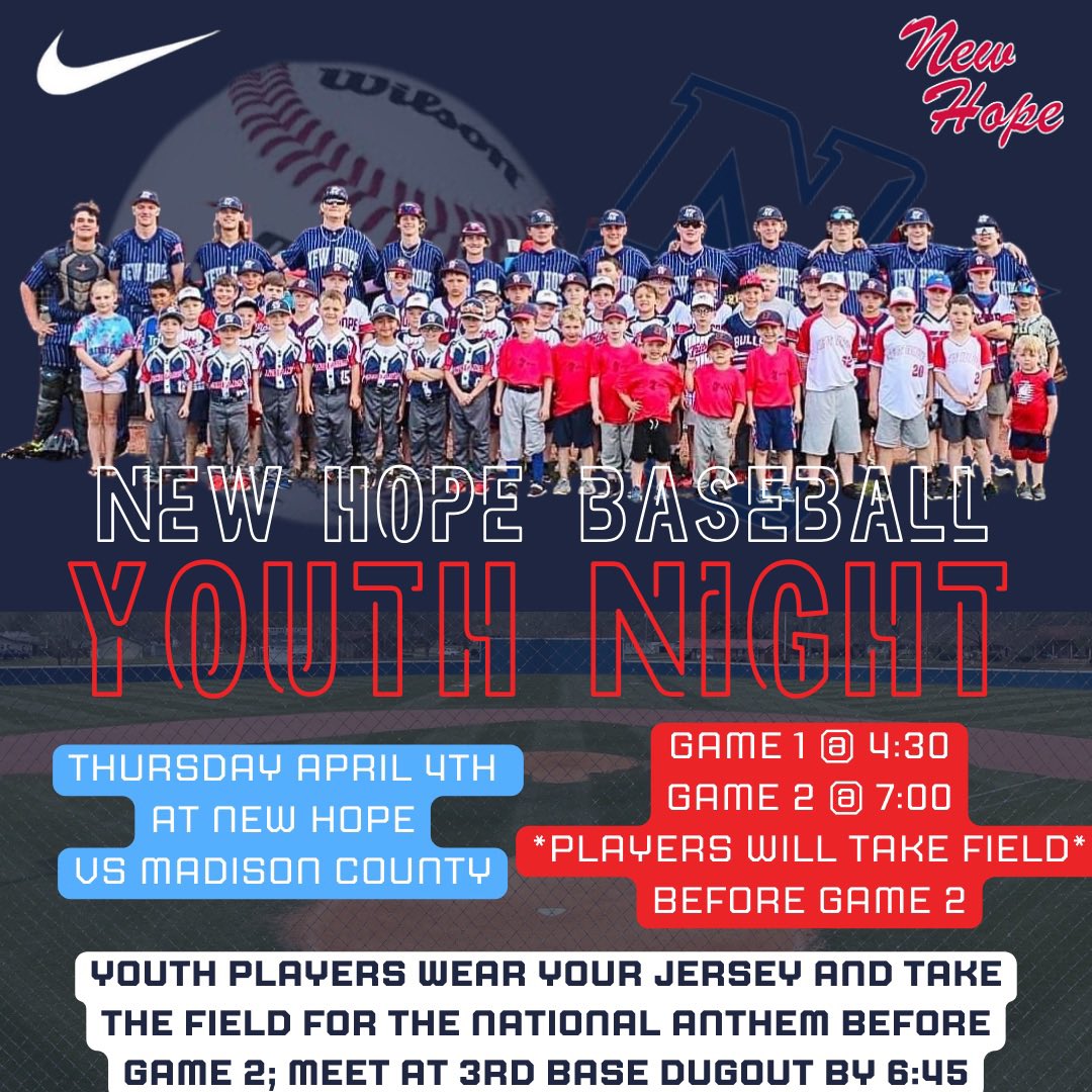 New Hope HS Baseball (@newhopehsbaseb1) on Twitter photo ⚾️AREA GAMEDAY⚾️
🔴YOUTH NIGHT🔵
4A New Hope HS 12-10 (3-2)
🆚 4A #8 Madison County
📍New Hope HS
⏰ Varsity 4:30 / 7:00
🖥 GameChanger
🎟️ S2 Pass
<a href="/lucasterry08/">Lucas Terry</a> <a href="/NHHS_Indians/">New Hope High School</a> <a href="/MCSSAthletics/">MCSS Athletics</a> ⚾️AREA GAMEDAY⚾️
🔴YOUTH NIGHT🔵
4A New Hope HS 12-10 (3-2)
🆚 4A #8 Madison County
📍New Hope HS
⏰ Varsity 4:30 / 7:00
🖥 GameChanger
🎟️ S2 Pass
<a href="/lucasterry08/">Lucas Terry</a> <a href="/NHHS_Indians/">New Hope High School</a> <a href="/MCSSAthletics/">MCSS Athletics</a>