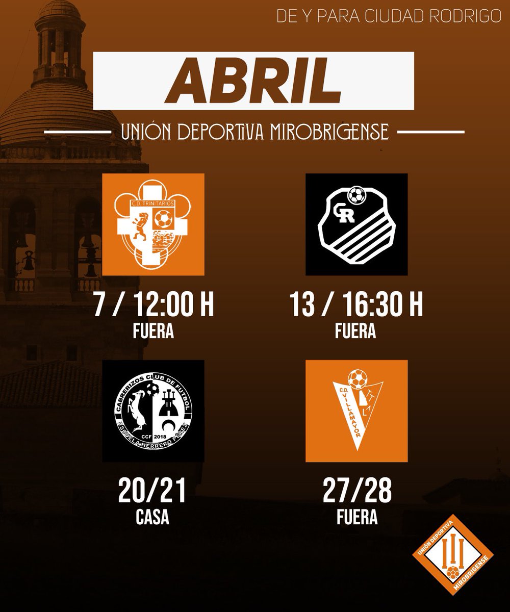 Tras nuestro partido de ayer… nos espera un mes de abril APASIONANTE 🧡🖤

Domingo 7 / 12:00 h / 🆚 @CDTrinitariosSA 

Sábado 13 / 16:30 h / 🆚 @CDCRISTOREY1 

20/21 / 🆚 @CabrerizosCF 

27/28 / 🆚 @CDVillamayor 

#DeyParaCiudadRodrigo