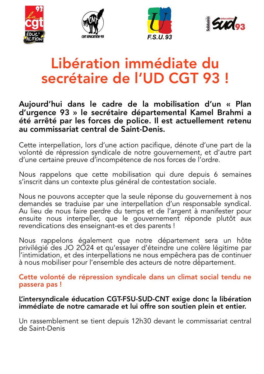 🛑 Libération immédiate de notre camarade secrétaire général de la @93Cgt !