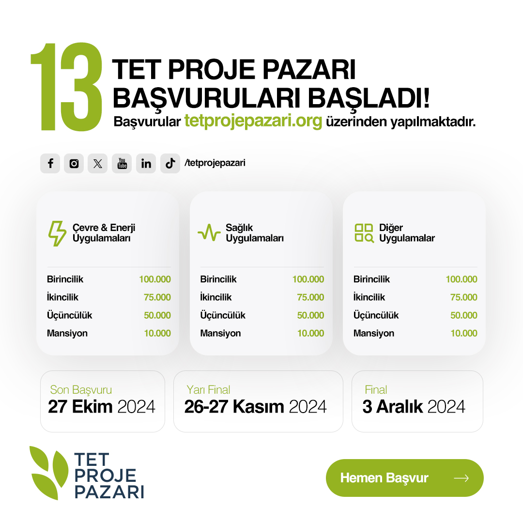 Bu yıl 13.sü düzenlenen Türkiye’nin ilk ve tek elektronik ve bilişim odaklı yarışması #TETProjePazarı başladı!

Projelerini bekliyoruz! ✨

tetprojepazari.org’dan başvurunu gönderebilirsin! 🚀💚