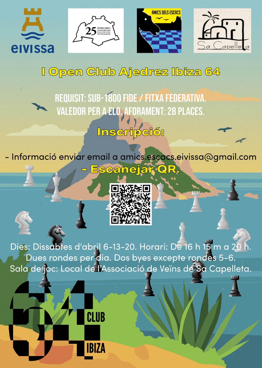AjedrezIbiza's tweet image. Seguiment del I Open C .A. Ibiza 64. Ronda 1 aquest dissabte. 
chess-results.com/tnr917810.aspx…
 Campanya de promoció. Eivissa Ciutat de l&apos;Esport
@ajeivissa 
@EscacsBalears 
@ChessAmics 
@nicolo_n
@Diario_de_ibiza