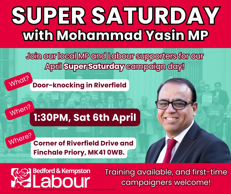 Want to be part of the change this country needs? Join me this Saturday in Riverfield Ward to speak to residents. If we want a change in Government we have to campaign for it and holding Bedford and Kempston as a Labour seat will be crucial. events.labour.org.uk/event/418388