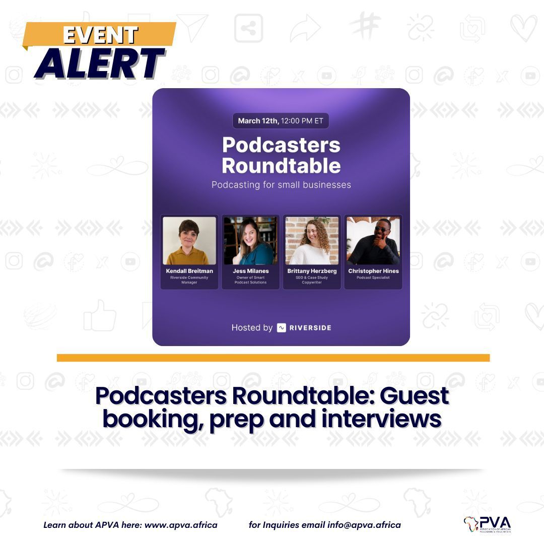 Join @JamieMaglietta @anghollowell @Matt_LeBris for a podcaster roundtable discussion on Mastering the Art of Interviewing Guests. Don't miss out on this opportunity! Register here buff.ly/3U4wZW8 . . . . #APVA #africanvoices #africanvoiceartists #Podcasters #spokenword