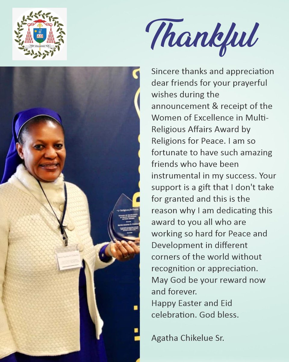 Cofpofficial's tweet photo. Sincere thanks and appreciation dear friends for your prayerful wishes during the announcement & receipt of the Women of Excellence in Multi-Religious Affairs Award by Religions for Peace. I am so fortunate to have such amazing friends who have been instrumental in my success. Your support is a gift that I don't take for granted and this is the reason why I am dedicating this award to you all who are working so hard for Peace and Development in different corners of the world without recognition or appreciation. May God be your reward now and forever 🙏🏽 Happy Easter and Eid celebration. God bless.

Agatha Chikelue Sr.