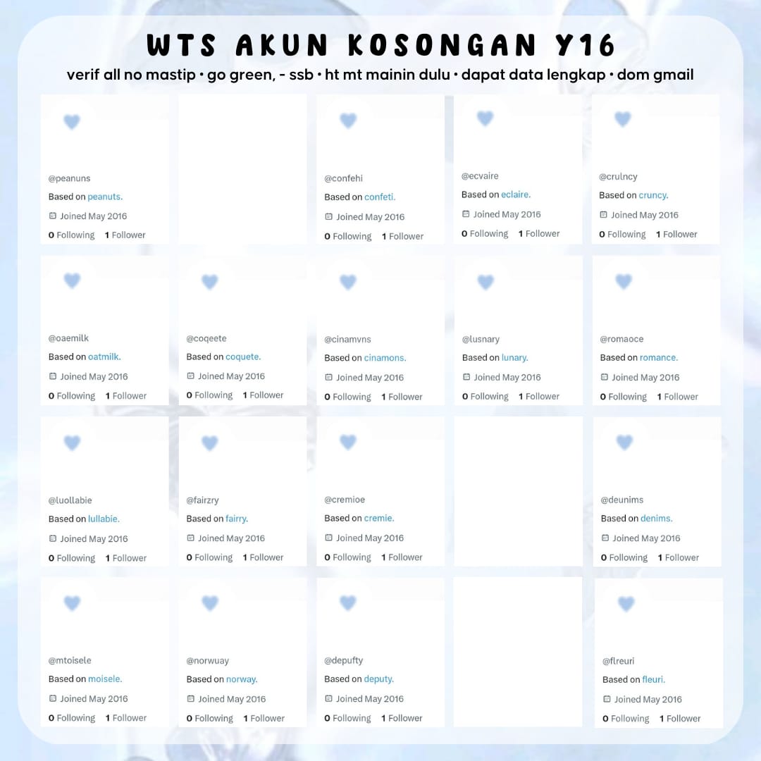 𖥻 WTS Akun Kosongan Y16 ﾟ｡⋆

ㅤ𔘓 verif all no mastip
ㅤ𔘓 go green, -sbb
ㅤ𔘓 masuk ht mt (mainin dulu)
ㅤ𔘓 dapat data lengkap
ㅤ𔘓 dom gmail

𖥻 10k / each

#zonauang