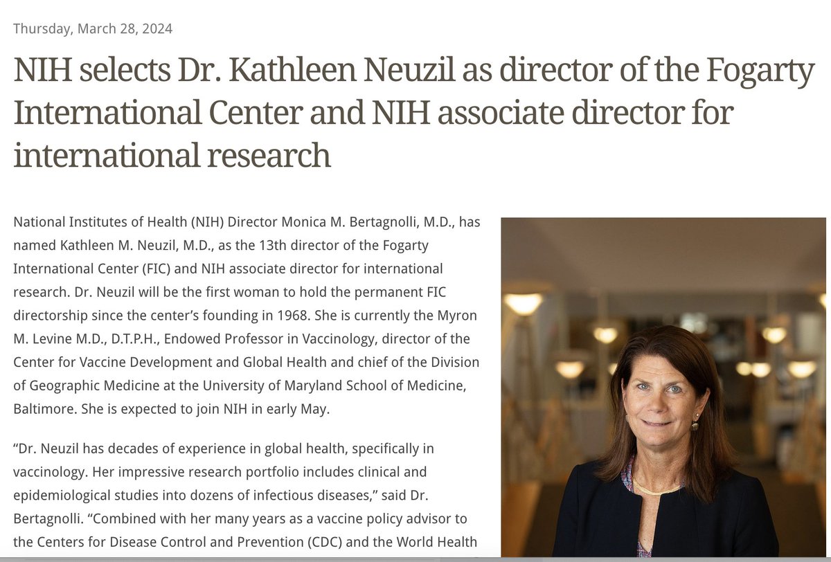 💥Congratulations to @kathleen_neuzil, vaccine champion and best-in-class scholar, newly appointed @Fogarty_NIH Director! 🧗🏻‍♀️So exciting to see another strong woman in a top global science and public health position! 👏🏼Excellent choice @NIHDirector! bit.ly/3POsw7I