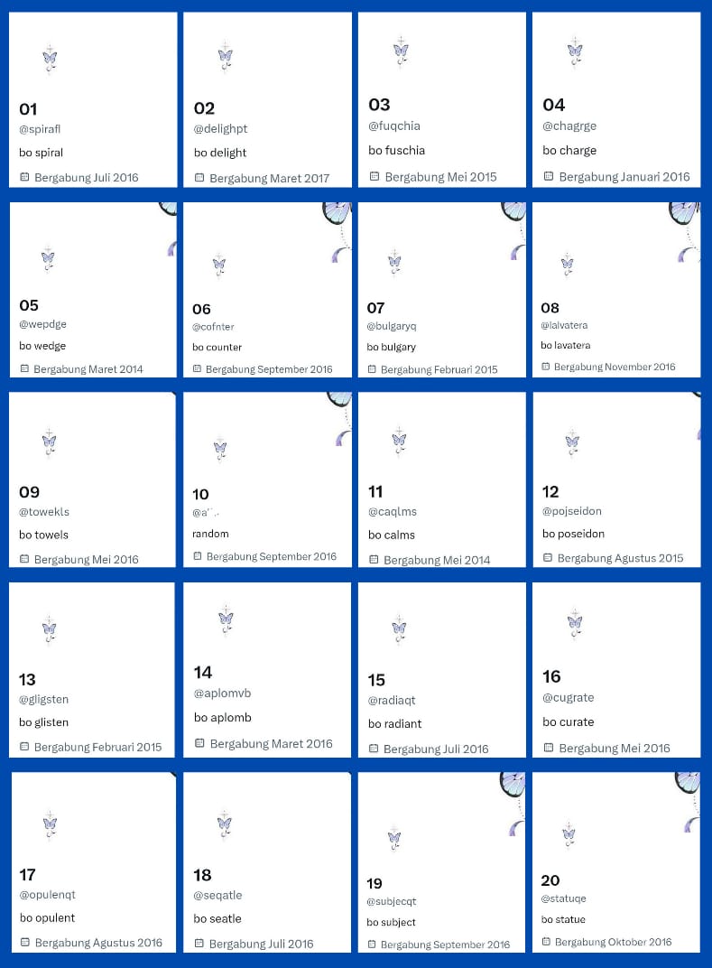 ♧ WTS ACC KOSONGAN Y LAMA ♧

💸 : 10k/each

• verif all 
• dom gmail
• go green ~ssb abis ganti usn
• mt &amp; ht dimainin dulu
• data acc lengkap

#zonauang