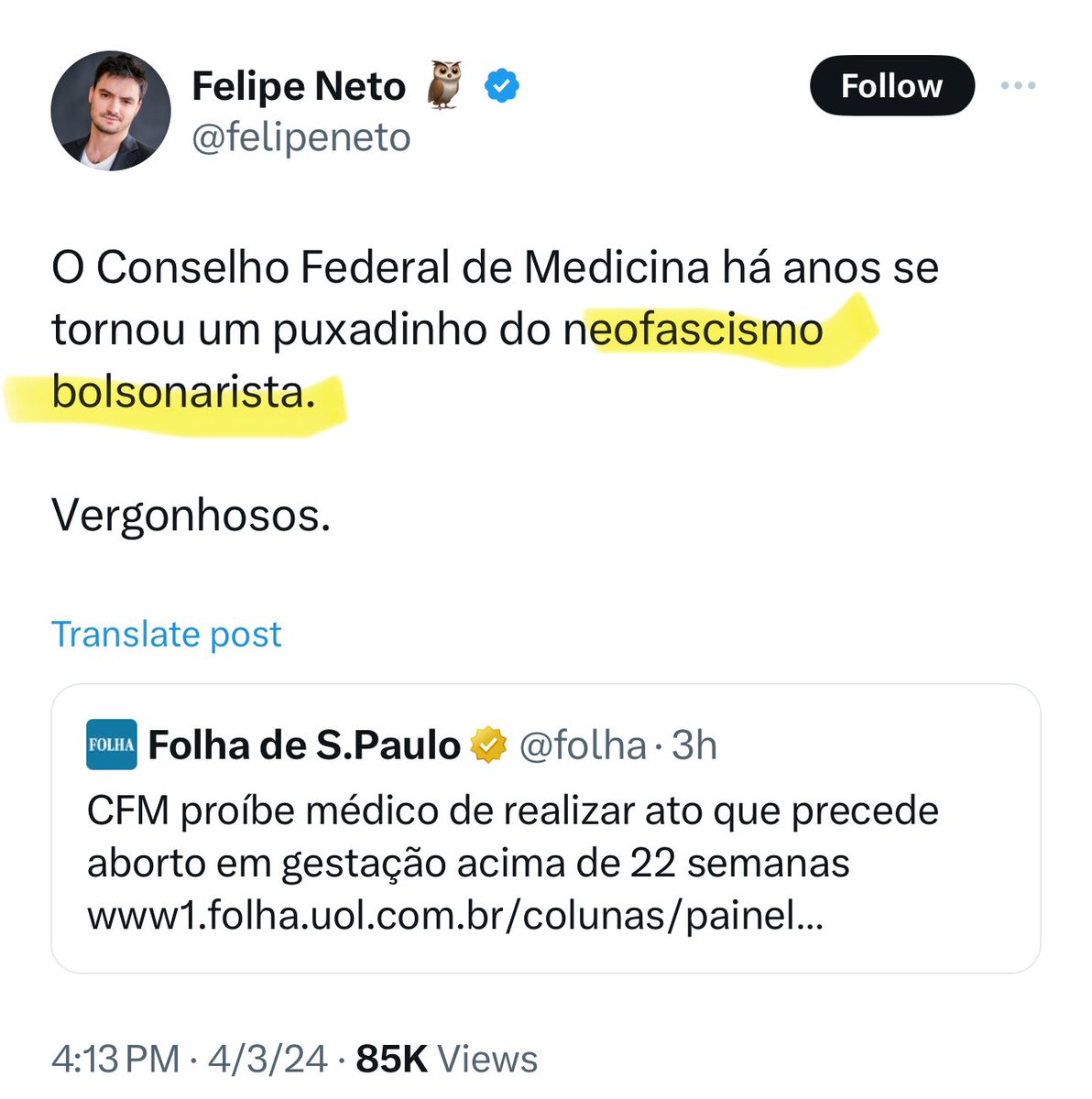 TioZinhoMax's tweet photo. Eu sou neofascista bolsonarista por não concordar em matar bebês de aproximadamente 5 meses no ventre da mãe??
Felipe Neto, essa sua opinião não é opinião, é doença, vá se tratar. https://t.co/o2yLDN62uL