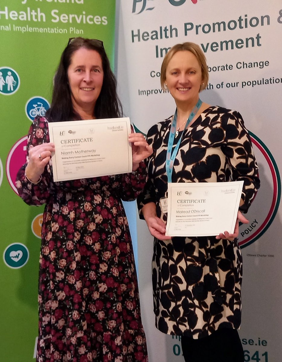 Niamh Motherway, ADPHN & Mairead O’Driscoll, Public Health Nurse who recently completed the #MakingEveryContactCount Workshop 👥- chronic disease prevention programme. Well done ladies. Learn more about #MECC and find a workshop near you on hseland.ie ℹ️🗓️