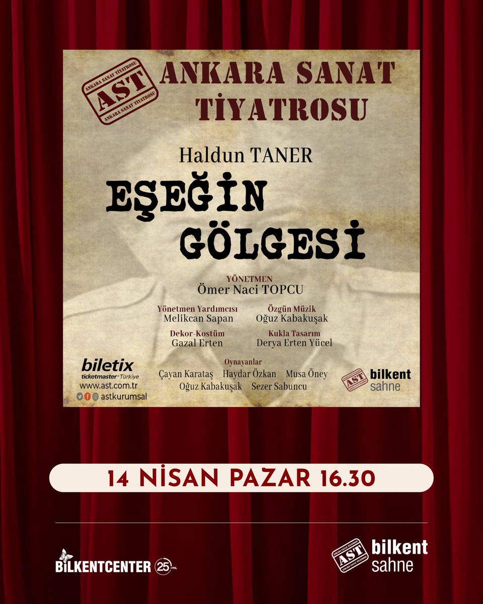 ‘Yedi günün biri Salı, kesme bastığın dalı. Dinle de bak ibret al, bu geceki masalı!’ Haldun Taner’in yazdığı Eşeğin Gölgesi, 14 Nisan Pazar günü saat 16.30’da Bilkent Sahne AST’ta! #tiyatro #sanat #ankarasanattiyatrosu #AkademiAST #BilkentSahne #AST #BilkentCenter #Ankara