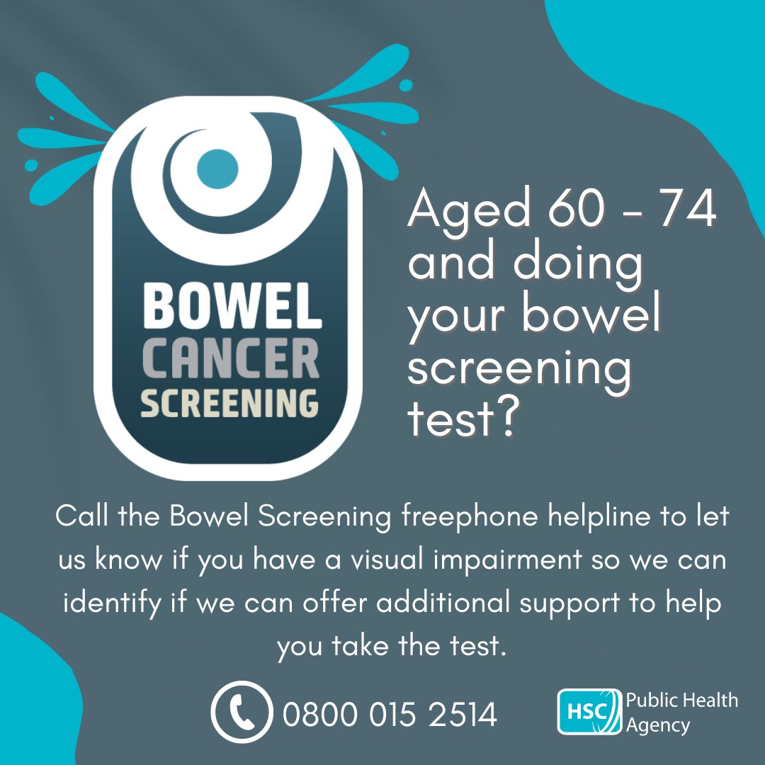 #BowelCancerAwarenessMonth Are you aged between 60 and 74 and have been invited to attend for bowel screening? If you have a visual impairment please contact the Bowel Cancer Screening freephone helpline on 0800 015 2514 to let us know.