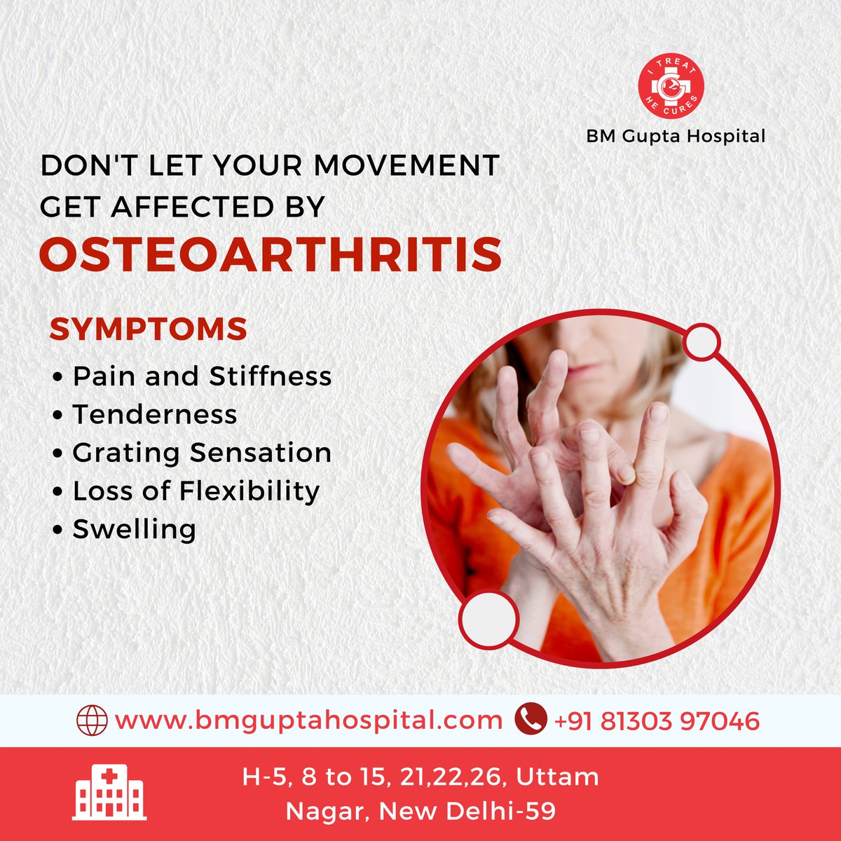 Don't let osteoarthritis limit your movement! For more info Call us at 91 81303 97046 Mail us: bmguptagnh@gmail.com #BMGH #BMGuptaHospital #health #healthcare #Osteoarthritis #Arthritis #JointPain #Movement #StayActive #Treatment #Healthcare #JointHealth #JointCare