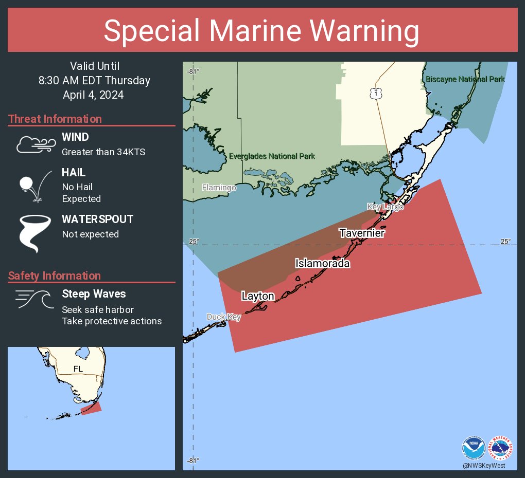 Special Marine Warning including the Straits of Florida from Ocean Reef to Craig Key out 20 NM, Bayside and Gulf side from Craig Key to West End of Seven Mile Bridge and Straits of Florida from Craig Key to west end of Seven Mile Bridge out 20 NM until 8:30 AM EDT