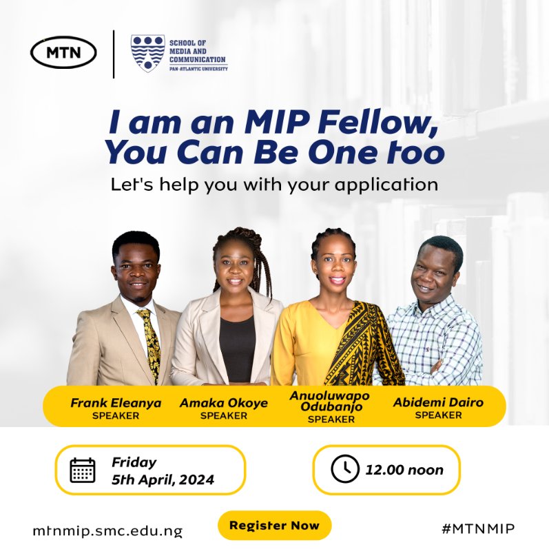 You are cordially invited to attend!

Here is another opportunity to attend a second webinar on the MTN Nigeria <a href="/MTNNG/">MTN Nigeria</a>  Media Innovation Programme 2024 (MTNMIP3) hosted by the #SMC_PAU .  

The purpose of this webinar is to offer valuable insights to prospective applicants on how