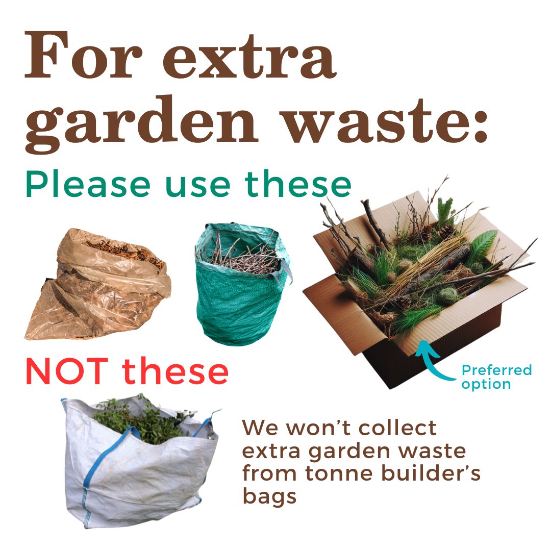 If you have a brown bin, remember you can put extra garden waste out on your usual brown bin collection day only, from 15 to 26 April. You can leave out a maximum of up to four standard sized (60L) sacks worth per brown bin subscription, or in boxes equivalent to a bin full.