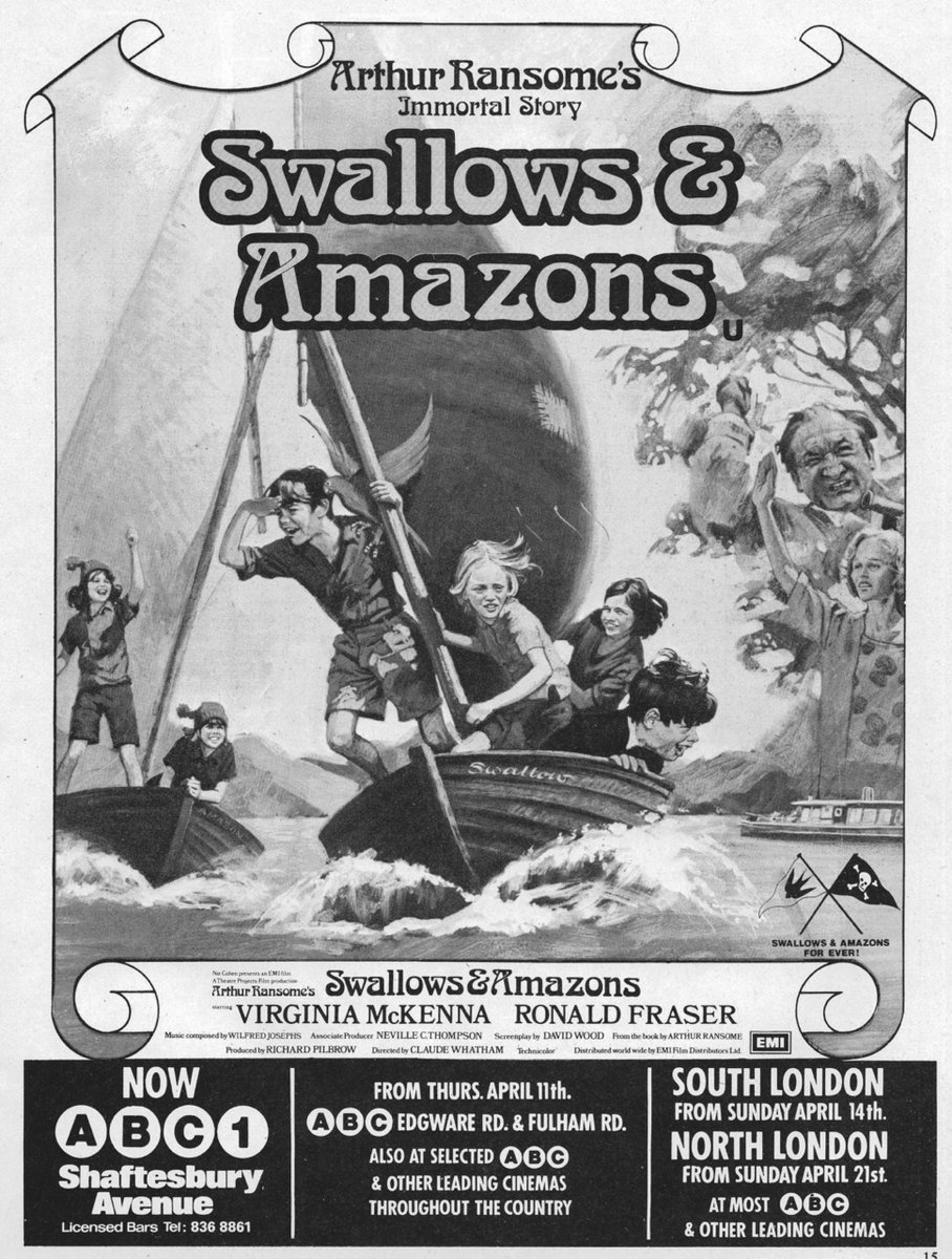 SWALLOWS AND AMAZONS opened at the ABC2 Shaftesbury Avenue, on this day April 4th, 1974 with an afternoon Gala Premiere. The film would go wider to South & North London in the following weeks..