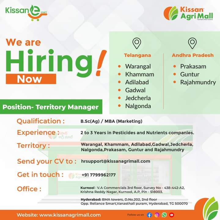 🌱 Join Our Team! 🌱 Kissan Ari Mall is hiring now for the role of Territory Manager. 

#JobOpening #TerritoryManager #HiringNow #CareerOpportunity #PesticidesIndustry #Nutrients #TelanganaJobs #AndhraPradeshJobs #KissanAgriMall