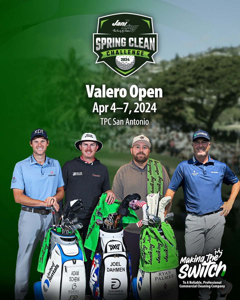 ⛳ Today marks the start of the #SpringCleanChallenge at the Valero Texas Open! Join us for a green twist as we switch our white @JaniKingTowel to green with @ryanpalmerpga, @Joel_Dahmen, and @acschenk1.🏌️‍♂️ @bswedberg11 @GenoBonnalie @coltknost #SpotTheTowel #MakingTheSwitch #PGA