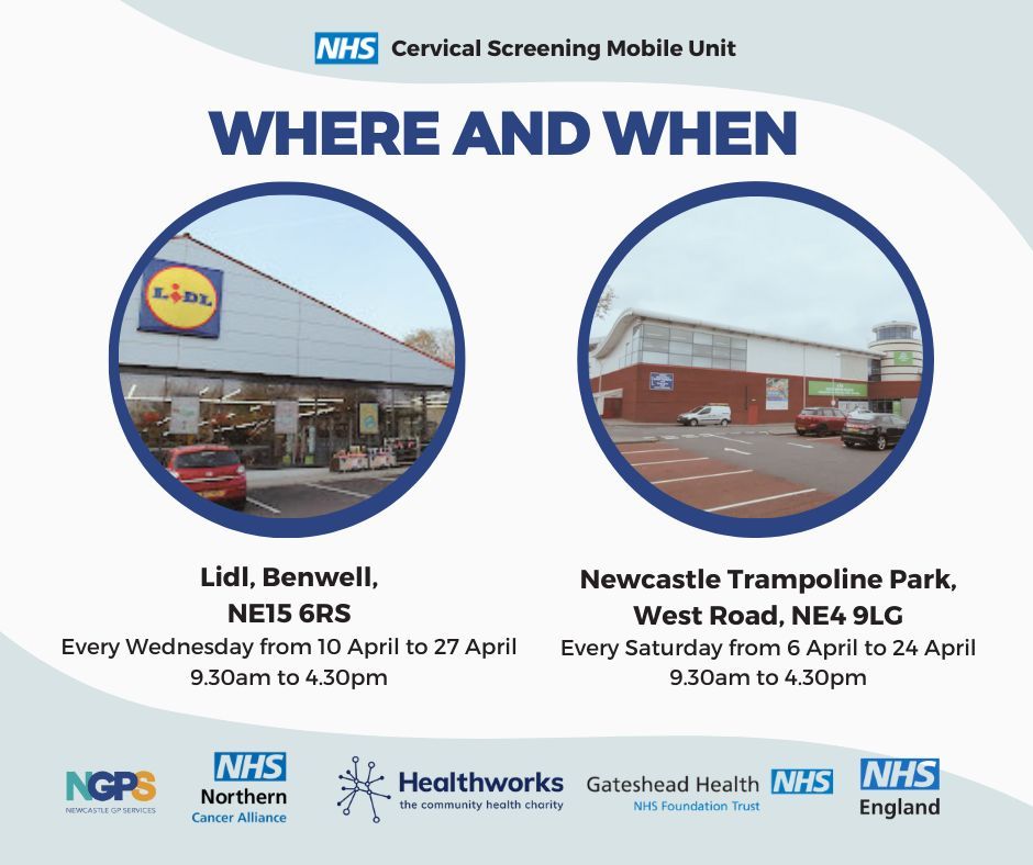 Confirmed locations for the Cervical Screening Mobile Unit throughout April - no need to book, just pop along! #cervicalscreening