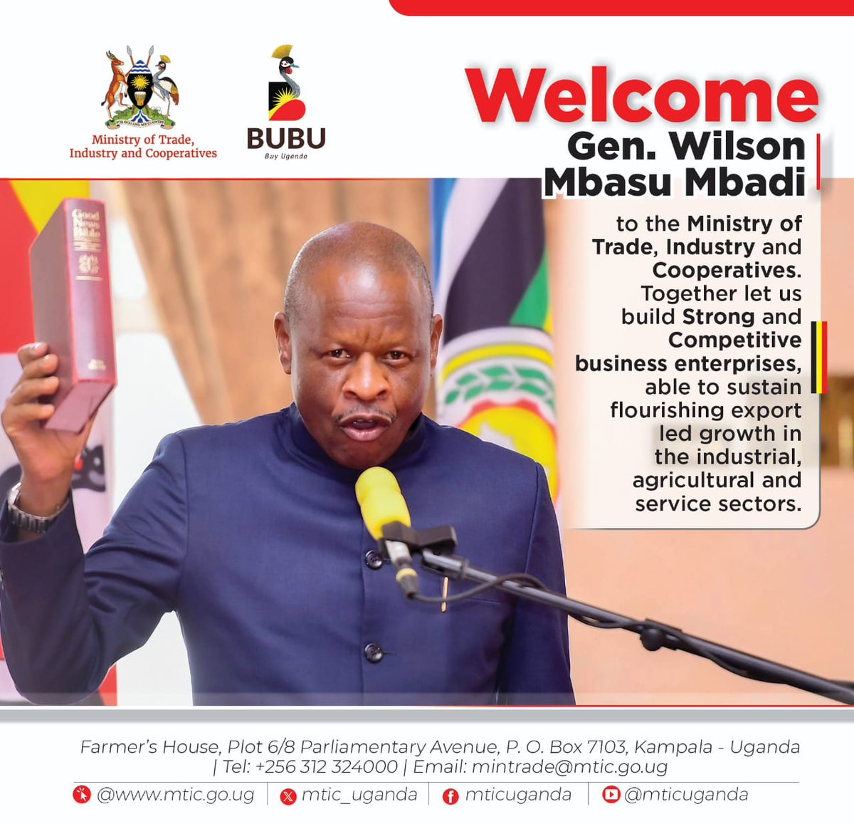 Congratulations Hon. Gen. Wilson Mbasu Mbadi ! You are most welcome to the Ministry of Trade, Industry and Cooperatives. @KagutaMuseveni @mwebesafra @HarrietNtabazi @dbahati @FGumeNgobi @SsaliGeraldine