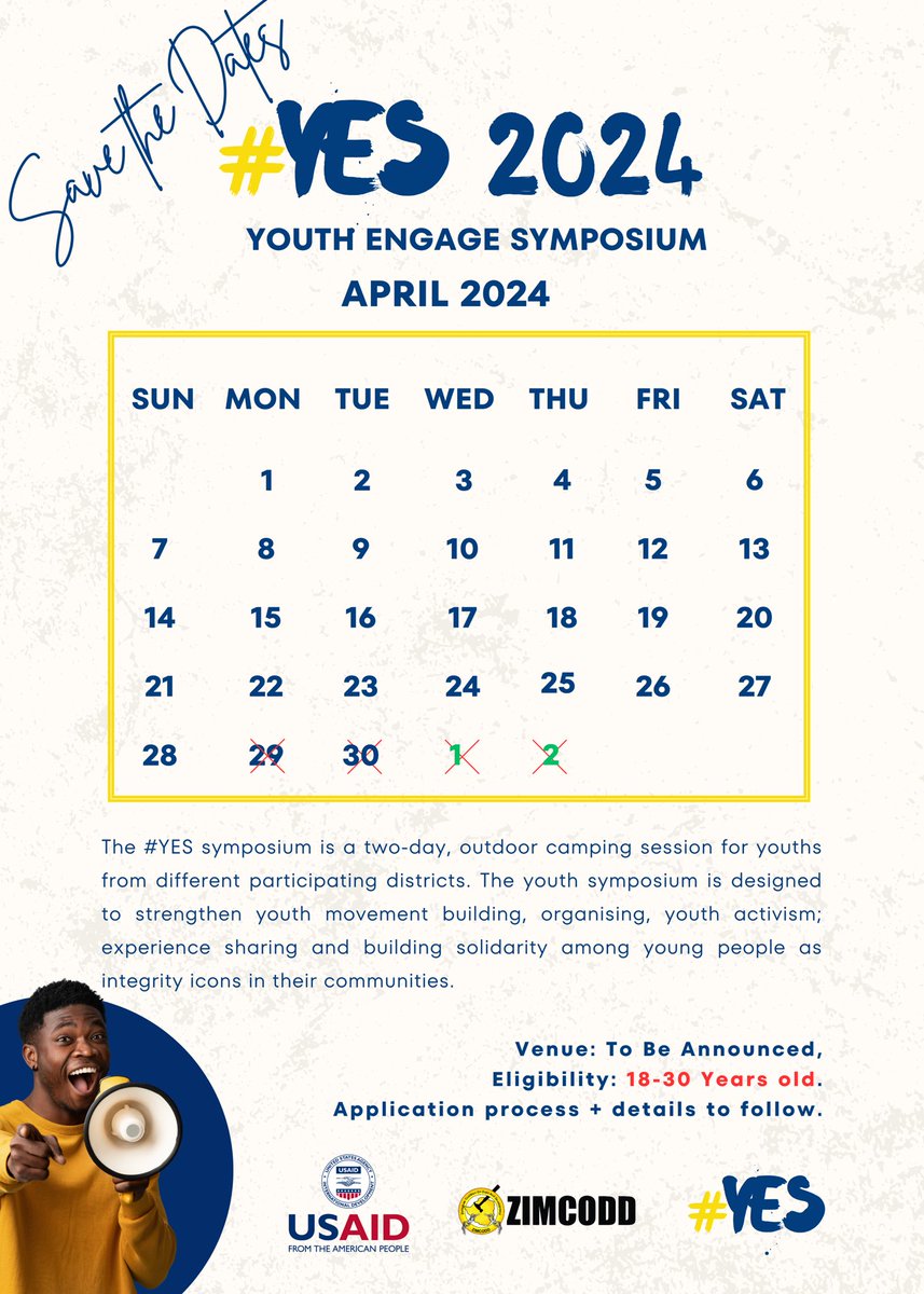 Our Youth Engage Symposium #YES will be held between the 29th April & 2nd May 2024. This annual capacitation focuses on cultivating integrity & accountability within our youth. All Eligible (18-30yrs), SAVE THE DATES & look out for more details! #SIYACorruption