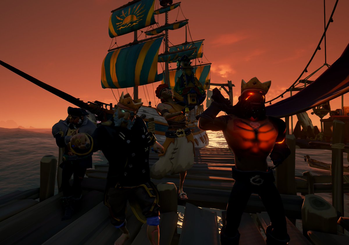 ItsGrimUpN0rth's tweet photo. Yesterday I sailed my good friend @DG_Belper to celebrate his 3d anniversary on Twitch. We sailed with the coolest pirates, just sayin! 🏴‍☠️
The poor man ended up with a 24hr stream!
Cheers to all involved! 🍻🏴‍☠️

#SeaOfThieves #BeMorePirate #MaybeACult #NotACult #BeMoreCult https://t.co/jquM5ujJU2