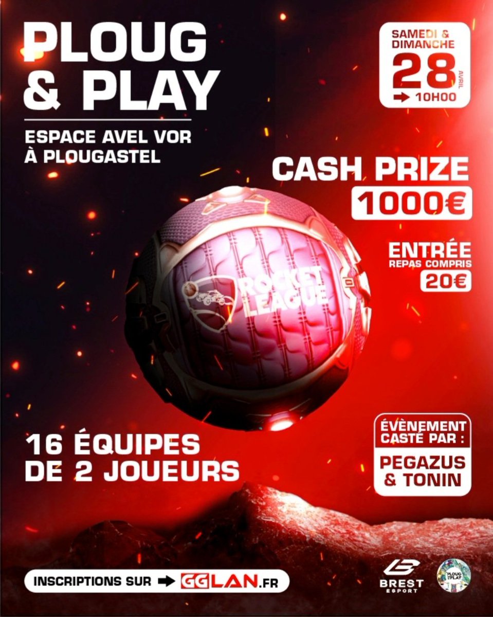 📢 LAN 

Nous organisons notre 1ère LAN PLOUG&amp;PLAY !
🎮 ROCKET LEAGUE 2vs2
📍 Plougastel-Daoulas
📅 27-28 Avril 
🏆 1000€ CASH PRIZE
🎟️ 20€ par joueurs (3 Repas sur place inclus)
⚠️ FAUT PRENDRE VOTRE SETUP !
✍️ Inscription : gglan.fr/#/tournaments

Toutes questions en DM 📩