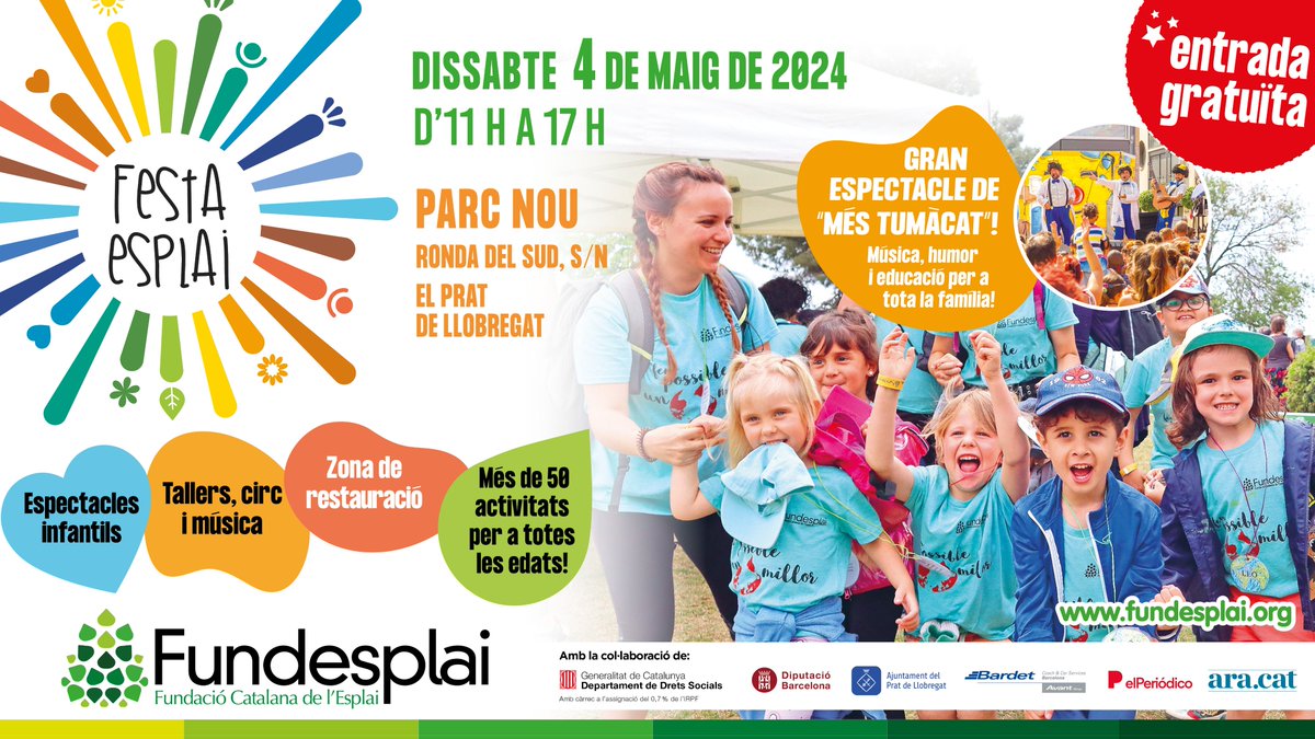 Fundesplai (@fundesplai) on Twitter photo 🥳 El DISSABTE 4 de maig celebrem #FestaEsplai al Parc Nou del Prat de Llobregat.
🤹Amb més de 50 activitats per a totes les edats, tallers, circ, música i un gran espectacle de <a href="/MESTUMACAT/">CIA. MÉS TUMÀCAT</a> 🥳 El DISSABTE 4 de maig celebrem #FestaEsplai al Parc Nou del Prat de Llobregat.
🤹Amb més de 50 activitats per a totes les edats, tallers, circ, música i un gran espectacle de <a href="/MESTUMACAT/">CIA. MÉS TUMÀCAT</a>