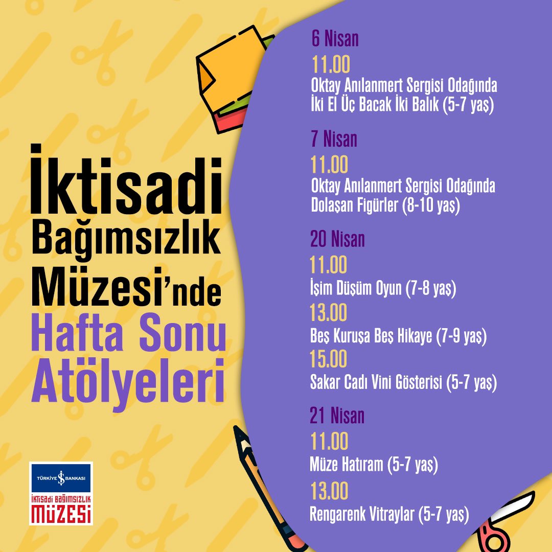 Ankara’da Nisan ayı atölyeleri çocukları bekliyor! 🌼 İktisadi Bağımsızlık Müzesi’nde ücretsiz düzenlenen atölyelerimize kayıt olmak için ibm.atolye@isssanat.com.tr adresine e-posta gönderebilirsiniz. 📍 İktisadi Bağımsızlık Müzesi, Ulus, Ankara #işsanat