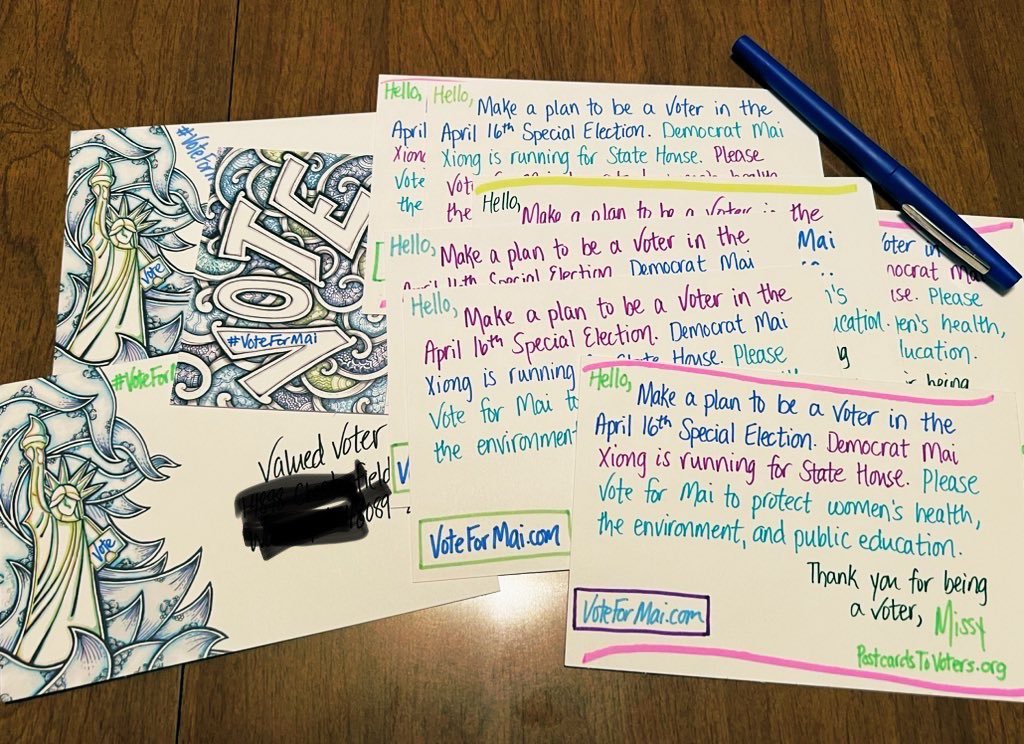 Mailed #PostcardsToVoters to Michigan this morning in support of @MaiXiongMI for the April 16 Special Election #VoteForMai #BeAVoter #VoteBlue