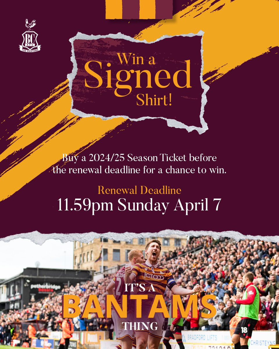 🎟️ REMINDER | You have until 11.59PM ON SUNDAY to renew your 2024/25 season ticket with the guarantee of keeping your seat from this season. 👕 | Everyone who has secured their place by this deadline will be entered into a random draw to win a signed shirt! #BCAFC