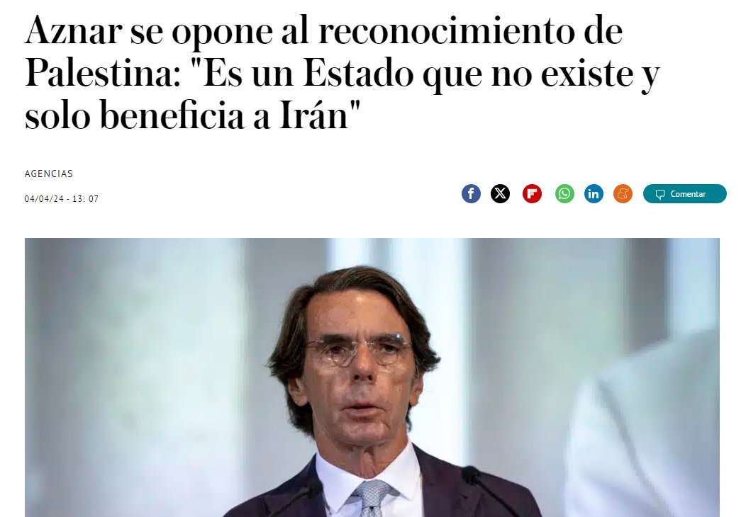 Pero qué hijo de puta!
Aznar dice que a qué estado se refiere cuando quieren que se reconozca el Estado Palestino.
Si no hubiera una ocupación sistemática desde hace 75 años, tal vez no haría falta reconocerlo.