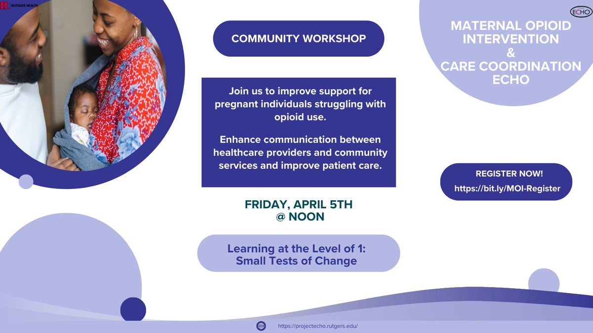 Join us tomorrow and be a part of the Maternal Opioid Intervention ECHO community workshop. Together, we will explore innovative ways to enhance our impact and support those in need. bit.ly/MOI-Register @NJDeptofHealth @FirstLadyNJ @ACOGPregnancy @RWJMS @Rutgers_NJMS